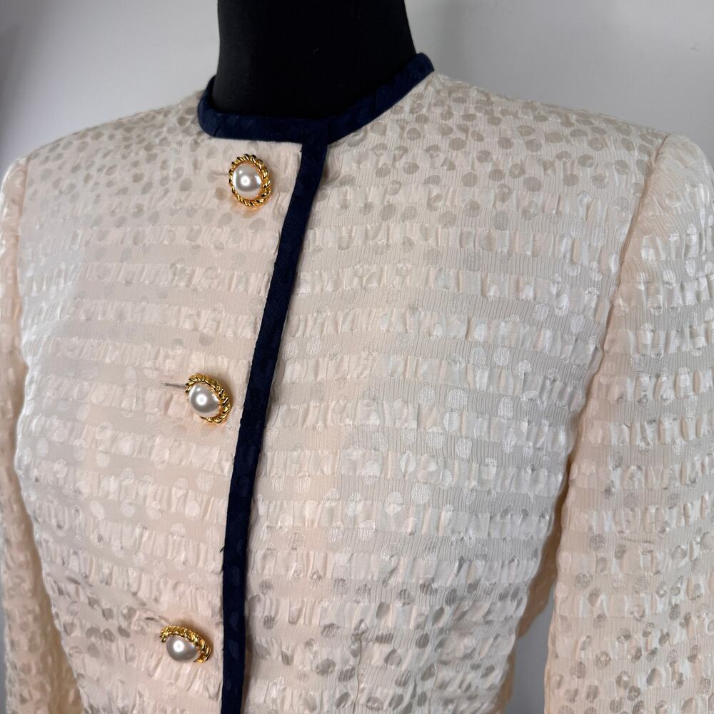 Vtg Albert Nipon Cream Navy Crop Jacket Silk Polk… - image 2